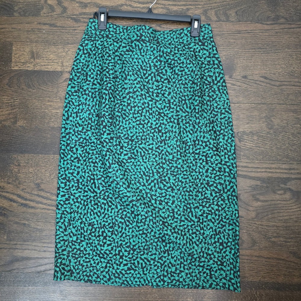 Ann Tjian for Kenar Pencil Skirt Women 12 Green Black LinenAbstract Vintage chic - Picture 5 of 9